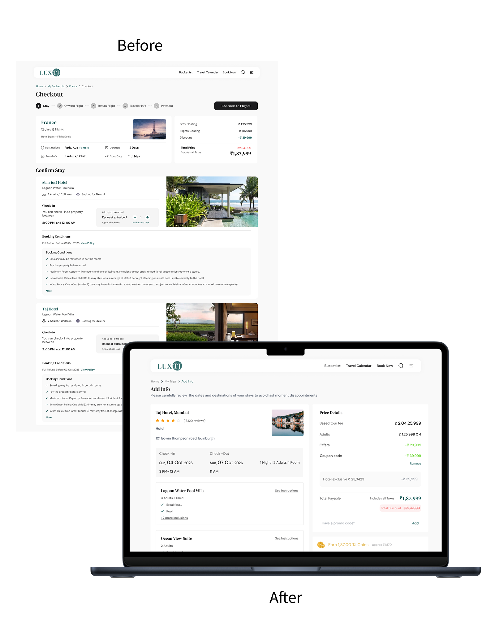LUXTJ checkout before-and-after redesign comparison