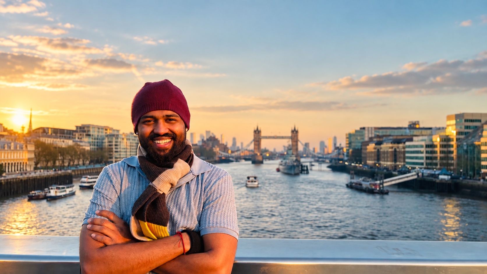 Akshay in London with Tower Bridge in the background