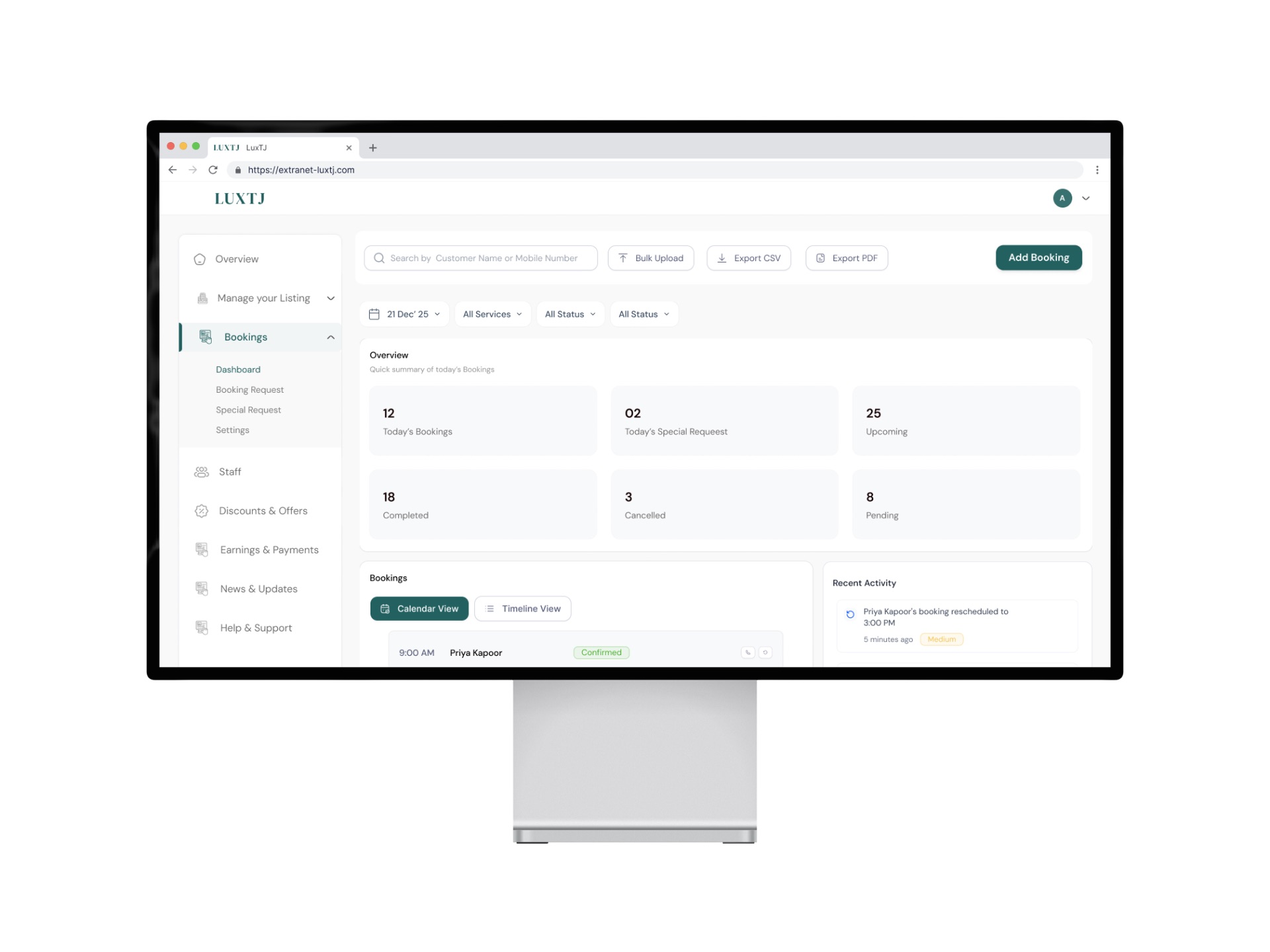 LUXTJ partner extranet booking dashboard displayed on a desktop monitor