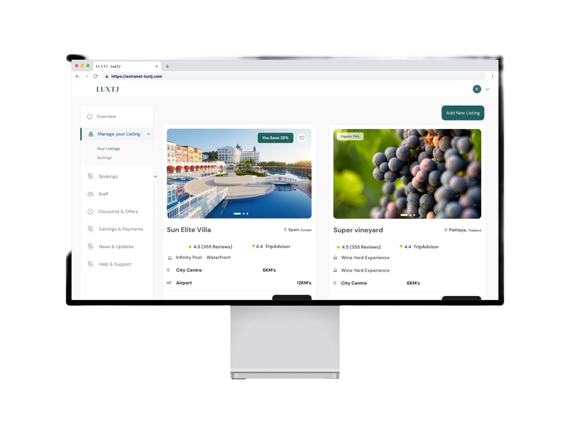 LUXTJ extranet listing management displayed on a desktop monitor