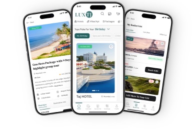 Three LUXTJ mobile application screens showing a package, hotel and personal travel list