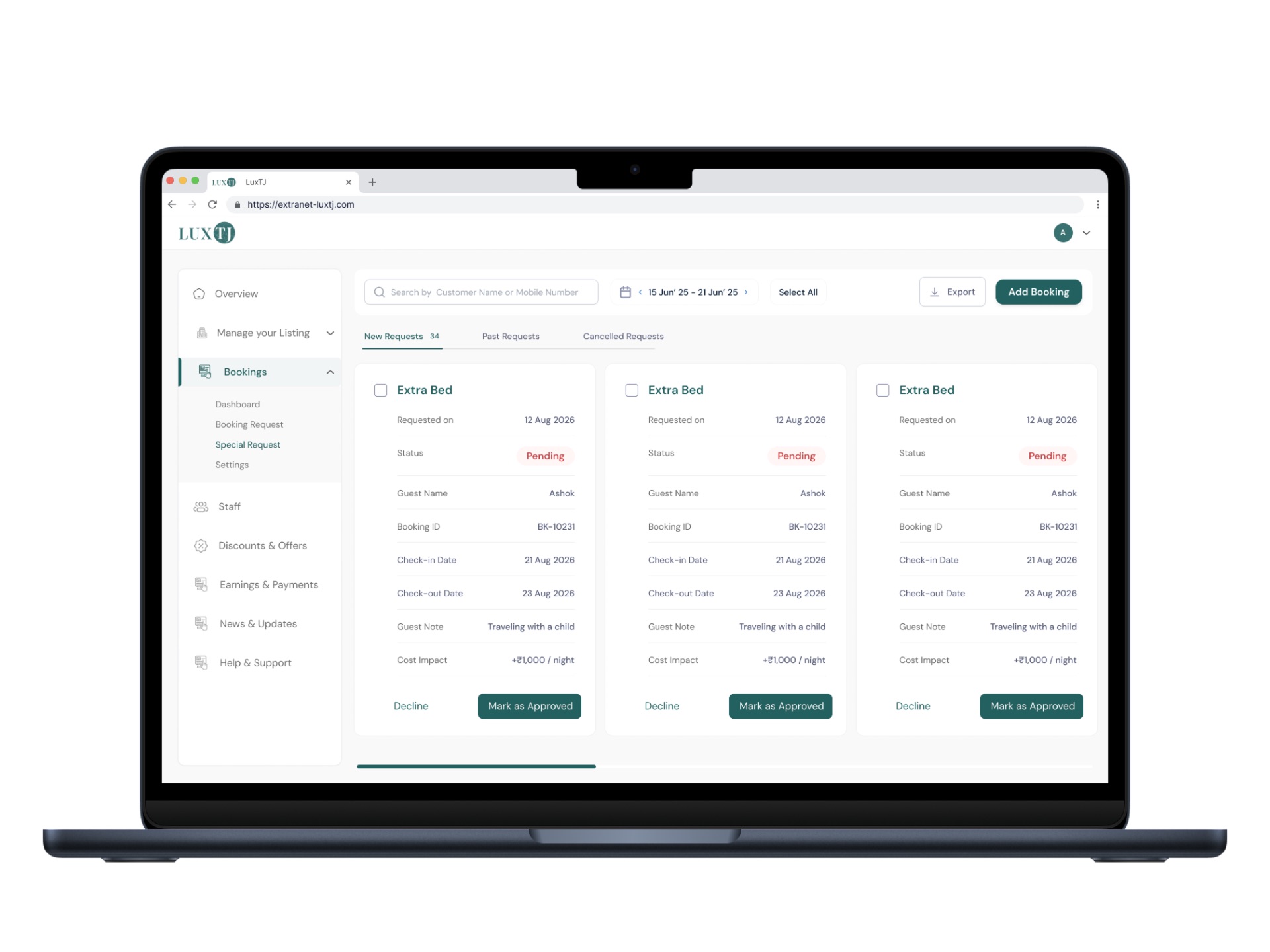 LUXTJ partner extranet bookings and special-requests interface displayed on a laptop